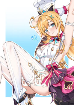 1girl apron armpits arms_up bare_shoulders blonde_hair blue_eyes bow chef_hat commentary cowlick english_commentary escoffier_(genshin_impact) feet_out_of_frame genshin_impact hair_intakes hat heart highres long_hair looking_at_viewer no1rsaki pink_bow smile solo thighhighs thighs white_apron white_hat white_thighhighs
