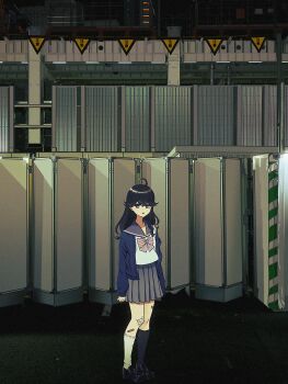 Rule 34 | 1girl, :d, ahoge, arms at sides, bandaid, bandaid on leg, black hair, black sailor collar, black socks, blue cardigan, blue eyes, bow, bowtie, cardigan, construction site, full body, gauze on knee, highres, izumo kasumi (nijisanji), kneehighs, legs together, long hair, long sleeves, looking at viewer, mismatched socks, night, nijisanji, nkymyura, open cardigan, open clothes, open mouth, outdoors, pink bow, pink bowtie, road, sailor collar, school uniform, serafuku, sidelocks, sign, smile, socks, solo, street, striped bow, striped bowtie, striped clothes, virtual youtuber, white bow, white bowtie, white socks