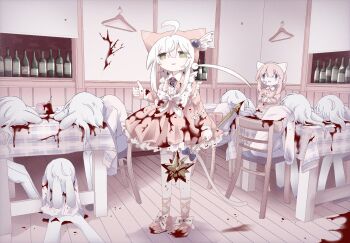 Rule 34 | 2girls, animal ears, ashi izumo, blood, blood on clothes, blood on ground, bottle, cafe, cat ears, cat girl, cat tail, commentary request, dress, frills, full body, green eyes, hair ornament, highres, holding, limited palette, long sleeves, looking at viewer, magical girl, multiple girls, murder, open mouth, original, pink dress, pink hair, ribbon, sidelocks, smile, standing, table, tail, white hair
