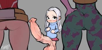 1futa 2girls age_difference animal_penis ashido_mina ass black_eyes blush boku_no_hero_academia colored_skin erection eri_(boku_no_hero_academia) female_focus futanari grey_background horns horse_penis huge_penis huge_testicles loli looking_at_viewer looking_back multiple_girls penis pink_skin plebbles simple_background size_difference superhero_costume testicles veins veiny_penis white_hair yaoyorozu_momo