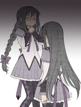 2girls absurdres akemi_homura akemi_homura_(magical_girl) black_hair black_headband black_pantyhose bow braid capelet closed_eyes commentary dress dual_persona glasses hair_bow headband highres long_hair long_sleeves magical_girl mahou_shoujo_madoka_magica mahou_shoujo_madoka_magica_(anime) multiple_girls neck_grab pantyhose purigetsu purple_bow purple_capelet purple_skirt red-framed_eyewear semi-rimless_eyewear simple_background skirt strangling twin_braids white_dress