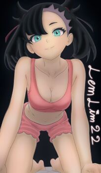 1girl all_fours artist_name asymmetrical_bangs barefoot black_background black_hair breasts cleavage closed_mouth collarbone crop_top green_eyes hair_ribbon highres lemonlime709 marnie_(pokemon) medium_breasts navel nintendo pajamas pink_pajamas pink_tank_top pokemon pokemon_swsh red_ribbon ribbon short_shorts shorts simple_background smile solo stomach tank_top thighs twintails undercut