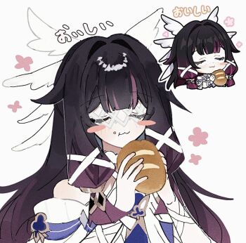 1girl :3 black_hair blush blush_stickers bread closed_eyes closed_mouth columbina_(genshin_impact) crumbs dress eating eye_mask food food_on_face genshin_impact hair_intakes hair_ribbon head_wings holding holding_food hoyolab_sticker_redraw hyb_muyuu long_hair mask multicolored_hair official_art_inset purple_hair reference_inset ribbon simple_background solo streaked_hair two-tone_hair upper_body white_background white_dress white_ribbon white_wings wings