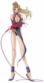 1990s_(style) 1girl bad_anatomy blonde_hair breast_hold breasts cleavage crossed_arms dominatrix elbow_gloves female_focus full_body gloves high_heels kotobuki_tsukasa large_breasts leather legs long_legs retro_artstyle simple_background sofia solo tamsoft toushinden whip white_background