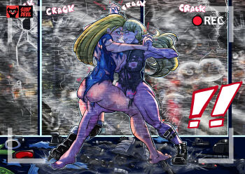 2girls absurdres alternate_costume alternate_hairstyle artist_name ass belt belt_pouch black_gloves blonde_hair blue_eyes blue_leotard boots breast_press breasts cammy_white camouflage city crack cracked_glass english_text eyebrows eyelashes fighting gloves goggles grey_leotard grey_vest gun handgun highres holding_hands holster kolin large_breasts leotard lips long_hair looking_at_another multiple_girls muscular muscular_female nipples parted_lips pistol pouch pussy pussy_juice recording red-tinted_eyewear simp_devil skin_tight smile sound_effects static street_fighter street_fighter_v sweat teeth thick_thighs thigh_holster thighs tinted_eyewear torn_clothes unzipped vest weapon wide_hips window