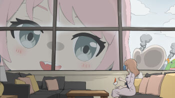 Rule 34 | 3girls, anglediana, bang dream!, bang dream! it's mygo!!!!!, bocchi the rock!, brown hair, chihaya anon, chinese commentary, commentary request, couch, cushion, dress, dropping, fang, giant, giantess, gotoh hitori, grey eyes, highres, multiple girls, nagasaki soyo, open mouth, pajamas, pink hair, sitting, smoke, teeth, upper teeth only, white dress