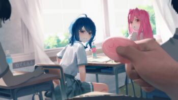 2boys 2girls absurdres blue_eyes blue_hair blush chinese_commentary classroom clenched_teeth commentary_request controller highres holding holding_remote_control indoors long_hair make_heroine_ga_oo_sugiru! multiple_boys multiple_girls pink_eyes pink_hair pleated_skirt remote_control remote_control_vibrator school_uniform sex_toy shirt short_sleeves skirt sklt_(swyt8223) teeth vibrator white_shirt window yanami_anna