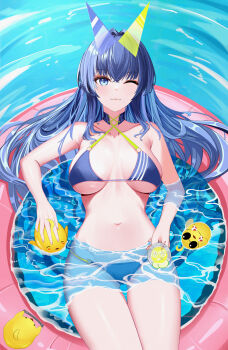 1girl 52at ;3 absurdres azur_lane bare_shoulders bikini blue-tinted_eyewear blue_bikini blue_eyes blue_hair breasts collarbone commentary cowboy_shot eyewear_on_head green-tinted_eyewear heterochromatic_eyewear highres innertube long_hair looking_at_viewer manjuu_(azur_lane) medium_breasts navel new_jersey_(azur_lane) new_jersey_(midsummer_leisure)_(azur_lane) o-ring o-ring_bikini official_alternate_costume on_innertube one_eye_closed solo sunglasses swim_ring swimsuit symbol-only_commentary tinted_eyewear triangular_eyewear very_long_hair water