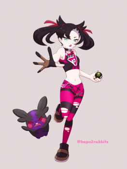 1girl aqua_eyes armpits artist_name asymmetrical_bangs bare_arms bare_shoulders black_choker black_hair black_nails breasts child choker collarbone curled_fingers determined dusk_ball eyelashes feet_up female_focus fighting_stance full_body gloves hair_ornament hand_up hepu2rabbits_(epuusa) highres holding holding_poke_ball knees_together_feet_apart leggings long_hair looking_at_viewer marnie_(pokemon) midriff morpeko morpeko_(hangry) nail_polish navel nintendo official_alternate_costume open_hand open_mouth outstretched_arm pale_skin partially_fingerless_gloves pendant_choker pink_leggings poke_ball pokemon pokemon_swsh shoes simple_background single_glove small_breasts sneakers sports_bra standing standing_on_one_leg stomach torn_clothes torn_leggings twintails two-tone_shirt undercut v-shaped_eyebrows