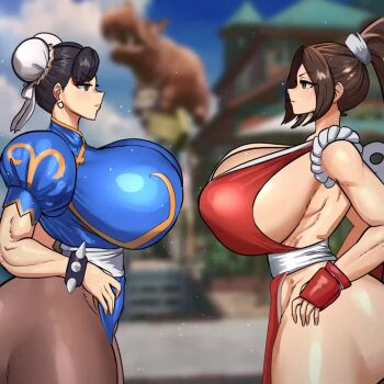 animated black_hair blurry blurry_background bracelet breast_press breasts brown_hair capcom china_dress chinese_clothes chun-li dress fatal_fury fatal_fury:_city_of_the_wolves from_side game_screenshot_background huge_breasts japanese_clothes jewelry light_censor miruyuyo muscular muscular_female obliques pantyhose ponytail sash screenshot_background shiranui_mai spiked_bracelet spikes street_fighter street_fighter_ii_(series) symmetrical_docking tagme the_king_of_fighters thick_thighs thighs video wardrobe_malfunction white_sash