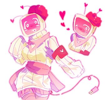 1girl antennae armband bandana cable cable_tail commentary crt dress english_commentary forsaken_(roblox) hand_up heart hong_tanght long_sleeves mechanical_tail multiple_views pink_armband pink_bandana pink_skirt pink_thighhighs pleated_skirt puffy_long_sleeves puffy_sleeves ribbed_dress roblox simple_background skirt sleeves_past_fingers sleeves_past_wrists sweater sweater_dress tail thighhighs veeronica_(forsaken) white_background white_sweater