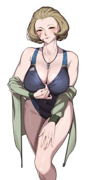 1girl absurdres alternate_costume bare_shoulders black_one-piece_swimsuit blush breasts brown_eyes brown_hair character_name cleavage cloudy_rain4 commentary competition_swimsuit covered_navel english_commentary fire_emblem fire_emblem:_three_houses green_jacket hand_on_own_leg highres jacket large_breasts lifeguard looking_at_viewer manuela_casagranda mature_female mole mole_under_eye nintendo one-piece_swimsuit seductive_smile short_hair simple_background smile solo swimsuit teasing unworn_jacket whistle whistle_around_neck white_background