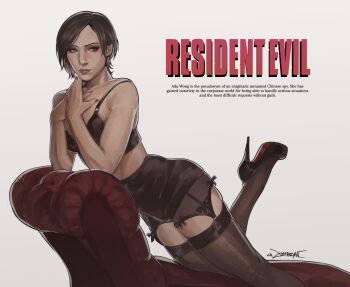 1girl ada_wong bare_arms bare_shoulders black_bra black_hair black_panties black_shoes black_thighhighs bra chaise_longue closed_mouth copyright_name garter_belt garter_straps grey_eyes hands_on_own_chest high_heels highres leaning_forward midriff nail_polish panties parted_bangs pumps red_nails resident_evil shoes short_hair signature solo thighhighs underwear white_background zombiyh