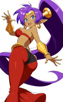 1girl :d ass blue_eyes bra breasts commentary dark-skinned_female dark_skin english_commentary from_behind highres large_breasts long_hair looking_at_viewer open_mouth pants pointy_ears ponytail purple_hair red_bra red_pants revenantart shantae shantae_(series) simple_background smile solo teeth underwear upper_teeth_only very_long_hair white_background
