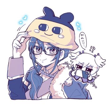 Rule 34 | !?, 2girls, arm up, bell, blue theme, blush, cellphone, chibi, chibi inset, closed mouth, collared shirt, commentary request, covered mouth, cropped torso, daiba nana, fur-trimmed jacket, fur trim, hair bell, hair between eyes, hair ornament, hair over shoulder, hair ribbon, hand on headwear, hands up, hat, hat with ears, heart, holding, holding phone, hoshimi junna, jacket, jacket on shoulders, jingle bell, long hair, long sleeves, looking at viewer, low side ponytail, monochrome, motion lines, multiple girls, open clothes, open jacket, phone, ribbon, sash, school uniform, seishou music academy uniform, shirt, short hair, short twintails, shoujo kageki revue starlight, shoulder sash, side ponytail, sidelocks, sikyo69, smartphone, smile, speech bubble, spot color, taking picture, translated, twintails, upper body, v-shaped eyebrows, yellow hat