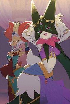 2girls arabian_clothes belly_dancing breasts bustier clothed_pokemon dancing delphox delphox_(sacred) dodudoru furry furry_female gen_6_pokemon gold_headwear green_fur harem_outfit highres looking_at_viewer meowscarada meowscarada_(dancer) multiple_girls nintendo orange_fur pelvic_curtain pokemon pokemon_(creature) pokemon_unite purple_bustier smile two-tone_fur