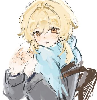 Rule 34 | 1girl, alternate costume, backpack, bag, blonde hair, blue scarf, blush, brown bag, commentary request, genshin impact, grey jacket, hair between eyes, hands up, highres, jacket, long sleeves, looking at viewer, lumine (genshin impact), orange eyes, puffy long sleeves, puffy sleeves, scarf, short hair, sidelocks, simple background, smile, solo, steam, taki-01, teeth, upper body, white background