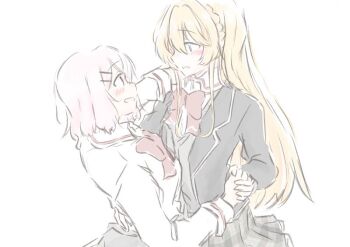 2girls amaori_renako ashigaya_high_school_uniform black_jacket blazer blonde_hair blue_eyes blush bow bowtie commentary_request dancing grey_skirt hand_on_another's_waist holding_hands jacket long_hair medium_hair multiple_girls nick150iso ouzuka_mai pink_hair plaid_clothes plaid_skirt red_bow red_bowtie school_uniform simple_background skirt smile watashi_ga_koibito_ni_nareru_wake_naijan_murimuri! white_background yuri