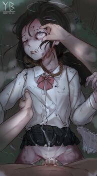 1boy 1girl black_hair bottomless breasts bug clothed_female_nude_male clothed_sex clothes_lift clothes_on_floor corpse cum cum_in_pussy cum_on_clothes cum_overflow dated death decay decensored empty_eyes ero_guro eyebrows facing_viewer fly from_above grass groin guro hand_up hetero highres injury loli long_hair long_sleeves lying necrophilia noose nude on_back on_grass one_eye_closed open_mouth outdoors pale_skin panties penis peril plaid_clothes plaid_skirt pleated_skirt ponytail pov pov_hands red_ribbon ribbon rope rope_marks rotting school_uniform sex skirt skirt_lift small_breasts solo_focus testicles third-party_edit uncensored underwear unworn_panties vaginal white_panties yb