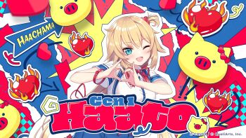 1girl ;d absurdres akai_haato akai_haato_(1st_costume) aqua_eyes arrow_(symbol) blonde_hair blue_skirt breasts character_name collared_shirt commentary_request company_name copyright_notice fire haaton_(akai_haato) hair_ornament heart heart_hair_ornament heart_hands highres hololive hololive_dreams large_breasts official_art one_eye_closed one_side_up open_mouth outline shirt skirt smile solo virtual_youtuber white_outline white_shirt