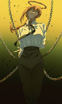 Rule 34 | 1girl, absurdres, arms behind back, artist name, black background, black necktie, black pants, braid, braided ponytail, chain, chainsaw man, collared shirt, gradient background, halo, highres, ice morinaka, long hair, looking at viewer, makima (chainsaw man), necktie, orange hair, pants, ringed eyes, shirt, sidelocks, solo, two-tone background, white shirt, yellow background, yellow eyes