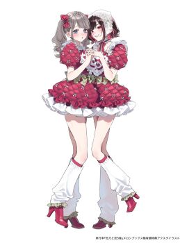 2girls black_hair black_nails blue_eyes chigusa_minori colored_inner_hair commentary_request full_body grey_hair high_heels highres holding_hands interlocked_fingers leg_warmers long_hair multicolored_hair multiple_girls nail_polish open_mouth pink_hair pink_shoes saotome_shino_(shino_to_ren) shino_to_ren shirayuki_ren shoes short_hair simple_background twintails white_background white_leg_warmers yuri