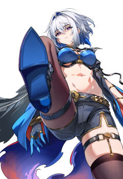 1girl absurdres black_pantyhose black_shorts black_thighhighs blue_bra blue_hair blue_shoes blurry blurry_foreground bra colored_inner_hair from_below galbrena_(wuthering_waves) grey_hair hair_between_eyes hair_intakes highres imminent_stomping looking_at_viewer missing_commentary multicolored_hair navel pantyhose parted_lips partially_shaded_face purple_eyes shenqi_xiao_hong_zai_nali shoes shorts simple_background single_leg_pantyhose single_thighhigh solo stomach thigh_strap thighhighs thighs underwear white_background wuthering_waves