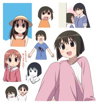 Rule 34 | 5girls, :d, azumanga daioh's school uniform, azumanga daiou, black hair, blue shirt, blush, brown eyes, chihiro (azumanga daioh), chinagon 81, highres, kaori (azumanga daioh), kasuga ayumu, long hair, mihama chiyo, multiple girls, open mouth, orange hair, pajamas, pants, pink pajamas, pink pants, pout, sakaki (azumanga daioh), school uniform, shirt, short hair, smile