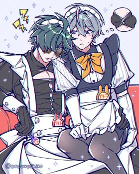 Rule 34 | 2boys, ahoge, alternate costume, apron, artist name, black dress, black gloves, black pantyhose, blush, blush stickers, bow, bowtie, button gap, buttons, closed mouth, collared dress, commentary request, couch, crossdressing, crossdressing (mtf), crossed bangs, dress, elbow gloves, enmaided, frilled apron, frills, gloves, green eyes, green hair, grey hair, hair between eyes, hair over one eye, hand on another's waist, lighter (zenless zone zero), long sleeves, looking at viewer, maid, maid apron, maid headdress, male focus, male maid, multiple boys, name tag, on couch, one eye covered, orange bow, orange bowtie, pantyhose, parted bangs, parted lips, puffy short sleeves, puffy sleeves, serious, short hair, short sleeves, side slit, sitting, sitting on lap, sitting on person, sleeve cuffs, sparkle, speech bubble, striped clothes, striped dress, sunglasses, sweatdrop, thought bubble, twitter username, urouroshiro, v-shaped eyebrows, vertical-striped clothes, vertical-striped dress, waist apron, white apron, white dress, white gloves, wise (zenless zone zero), zenless zone zero