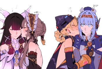 ... 4girls android bare_shoulders black_gloves black_hair black_jacket blonde_hair blue_eyes blue_hair blush bonnet braid braided_hair_rings brown_hair bvbu closed_eyes closed_mouth columbina_(genshin_impact) commentary detached_sleeves ear_piercing eighth_note english_commentary expressionless flying_sweatdrops freckles genshin_impact gloves hair_rings hat highres ineffa_(genshin_impact) jacket jahoda_(genshin_impact) kiss kissing_cheek multiple_girls musical_note piercing purple_eyes purple_hat purple_streaks sandrone_(genshin_impact) simple_background sleeveless sleeveless_jacket smile spoken_ellipsis sweat white_background yuri