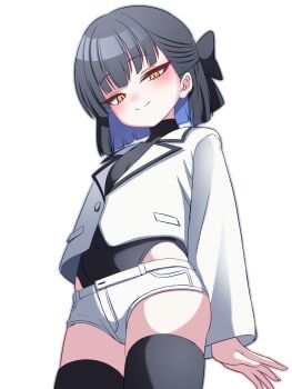 1girl absurdres black_hair black_leotard black_thighhighs blue_hair blush breasts closed_mouth colored_inner_hair commentary_request hair_ornament highres hokuyukis jacket leotard leotard_under_clothes long_sleeves looking_at_viewer looking_down multicolored_hair original shorts simple_background small_breasts smile solo thighhighs white_background white_jacket white_shorts yellow_eyes