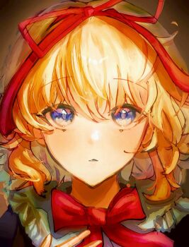1girl black_shirt blonde_hair blue_eyes blush bow commentary_request frilled_shirt_collar frills highres medicine_melancholy omuuisu portrait red_bow red_ribbon ribbon shirt short_hair solo touhou