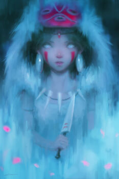 1girl alex_chow alternate_eye_color black_hair blue_eyes clenched_hand commentary earrings english_commentary facepaint facing_viewer fantasy female_focus fur_shirt holding holding_knife jewelry knife lips mononoke_hime necklace pelt petals pink_lips portrait san_(mononoke_hime) shirt short_hair sleeveless sleeveless_shirt solo tooth_necklace white_shirt