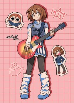 1girl 2025 artist_name blue_shirt brown_eyes brown_hair character_cutout commentary grey_pantyhose grid_background guitar hair_ornament hairclip highres hirasawa_yui holding holding_guitar holding_instrument instrument k-on! loose_socks pantyhose pink_background seisyun_c0mplex shadow shirt short_hair smile socks star_(symbol) white_socks