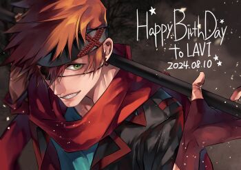 1boy asymmetrical_hair birthday black_background black_headband black_jacket black_order_uniform blue_shirt brown_background d.gray-man earrings english_text eyepatch falling_petals fingerless_gloves fog gloves gradient_background green_eyes grin hair_between_eyes happy_birthday headband highres holding holding_staff hoop_earrings jacket jewelry koshian_(mruc9) lavi looking_at_viewer male_focus one_eye_covered open_clothes open_jacket orange_hair petals red_gloves red_scarf scarf shirt short_hair sidelocks smile solo staff star_(symbol) striped_clothes striped_headband striped_jacket tree vertical-striped_clothes vertical-striped_headband vertical-striped_jacket white_petals