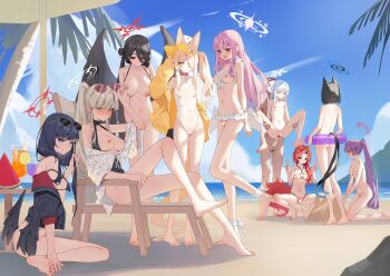 1boy 6+girls absurdres animal_ears ass bar_censor bare_legs barefoot beach beach_umbrella bikini black_bikini black_hair blonde_hair blue_archive blue_eyes blue_sky blush breasts breasts_out cat_tail censored closed_eyes cloud completely_nude crotchless crotchless_bikini crotchless_swimsuit cupless_bikini day doodle_sensei_(blue_archive) feet flat_chest food fox_ears fruit hair_ornament harem hasumi_(blue_archive) hasumi_(swimsuit)_(blue_archive) hat heart heart_censor hetero highres holding holding_swim_ring ichika_(blue_archive) ichika_(swimsuit)_(blue_archive) innertube kikyou_(blue_archive) kikyou_(swimsuit)_(blue_archive) leg_grab lifting_person loli long_hair looking_at_viewer mika_(blue_archive) mika_(swimsuit)_(blue_archive) multiple_girls nagisa_(blue_archive) nagisa_(swimsuit)_(blue_archive) nagusa_(blue_archive) nagusa_(swimsuit)_(blue_archive) navel nipples nude ocean one-piece_swimsuit open_mouth outdoors palm_tree pink_hair ponytail presenting purple_hair pussy pussy_juice red_eyes renge_(blue_archive) renge_(swimsuit)_(blue_archive) reverse_suspended_congress see-through_clothes see-through_one-piece_swimsuit seia_(blue_archive) seia_(swimsuit)_(blue_archive) sensei_(blue_archive) sex sex_from_behind short_hair sitting sky small_breasts smile squatting string_bikini sunglasses swim_ring swimsuit tail tree umbrella very_long_hair watermelon watermelon_slice white_hair xiao_lin_jiu yukari_(blue_archive) yukari_(swimsuit)_(blue_archive)