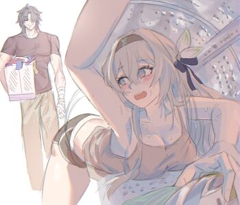 1boy 1girl arm_at_side arm_up armpits bandaged_hand bandages bent_over black_hair blade_(honkai:_star_rail) blush breasts camisole closed_eyes closed_mouth commentary cropped_legs dolphin_shorts facing_another firefly_(honkai:_star_rail) foreshortening gnarlypzofbread grey_hair hair_between_eyes hairband highres honkai:_star_rail honkai_(series) long_hair open_mouth pants shirt short_sleeves shorts sketch smile standing sweat