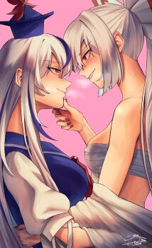 2girls absurdres blue_hair blush breasts chest_sarashi commentary_request commission equality_taira eye_contact fujiwara_no_mokou grin hand_on_another's_chin hat highres kamishirasawa_keine long_hair looking_at_another medium_breasts multicolored_hair multiple_girls nail_polish pink_background red_eyes red_nails sarashi signature simple_background skeb_commission smile spiked_hair streaked_hair touhou white_hair yellow_eyes yuri