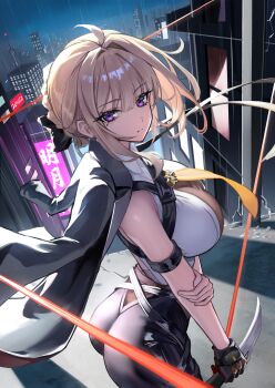 1girl absurdres arm_strap ass black_gloves black_jacket black_pants black_ribbon blonde_hair breasts closed_mouth cowboy_shot evelyn_chevalier gloves hair_ribbon highres holding holding_knife holding_own_arm jacket jacket_on_shoulders knife large_breasts looking_at_viewer missing_commentary myumyu431 necktie night outdoors pants purple_eyes rain ribbon short_hair sidelocks single_glove solo yellow_necktie zenless_zone_zero