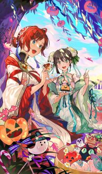 2girls bare_shoulders black_hair blue_sky boudica_(fate) boudica_(lake_shore_heavenly_nymphs)_(fate) breasts bun_cover candy double_bun dress fate/grand_order fate_(series) food green_dress green_eyes green_ribbon hair_bun hair_ribbon jewelry large_breasts medium_hair multiple_girls off_shoulder official_art open_mouth pendant ponytail qin_liangyu_(fate) qin_liangyu_(lake_shore_heavenly_nymphs)_(fate) red_dress red_hair remon_(10112) ribbon short_hair short_ponytail sidelocks sky smile tree two-tone_dress white_dress