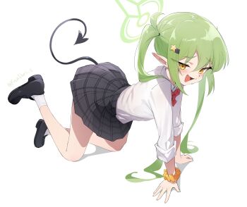 1girl absurdres all_fours black_shoes black_skirt blue_archive collared_shirt commentary_request demon_tail fang from_side full_body green_hair green_halo hair_ornament hairclip halo highres kandori looking_at_viewer nozomi_(blue_archive) open_mouth pointy_ears scrunchie shirt shoes simple_background skirt smile socks solo tail twintails white_background white_shirt white_socks wrist_scrunchie yellow_eyes