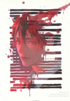 Rule 34 | 1boy, black hair, blackout poetry, blood, blue eyes, bluesky username, chainsaw man, closed mouth, collared shirt, english text, hair between eyes, hashtag-only commentary, hayakawa aki, lips, looking at viewer, male focus, redaction, seagnalis, shirt, short hair, twitter username, white shirt