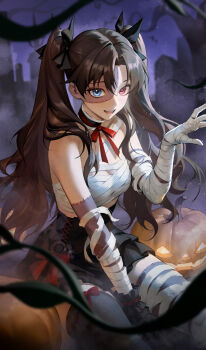 1girl :d bandages black_hair black_skirt blue_eyes breasts fate/grand_order fate/stay_night fate_(series) hair_ribbon halloween heterochromia highres iamc95 ishtar_(fate) jack-o&#039;-lantern long_hair looking_at_viewer medium_breasts miniskirt mummy_costume neck_ribbon night night_sky open_mouth pumpkin red_eyes ribbon sitting skirt sky smile solo stitched_face stitches tohsaka_rin tombstone twintails very_long_hair