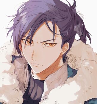 Rule 34 | 1boy, absurdres, aqua cape, black shirt, blue hair, cape, closed mouth, collared shirt, commentary, dark blue hair, felix hugo fraldarius, felix hugo fraldarius (timeskip), fire emblem, fire emblem: three houses, frown, fur-trimmed hood, fur trim, hashtag-only commentary, high collar, highres, hood, hooded cape, layered clothes, looking to the side, male focus, nintendo, orange eyes, ponytail, portrait, shirt, short ponytail, sideways glance, simple background, solo, st00cc, turtleneck, twitter username, white background, white fur