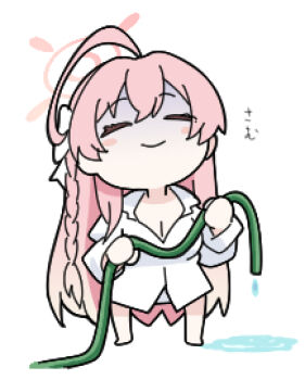 1girl ahoge barefoot blue_archive bow braid breasts chibi cleavage closed_eyes closed_mouth collared_shirt commentary_request dress_shirt facing_viewer full_body hair_between_eyes hair_bow halo hanako_(blue_archive) hanako_(swimsuit)_(blue_archive) holding hose long_hair long_sleeves lowres nyaru_(nyaru_4126) pink_hair puddle shirt simple_background solo standing translation_request turn_pale very_long_hair water water_drop white_background white_bow