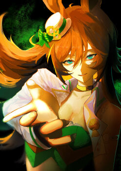 Rule 34 | 1girl, absurdres, blue eyes, breasts, brown hair, cleavage, commentary request, floating hair, fur-trimmed vest, fur trim, hair between eyes, hat, highres, jacket, long hair, looking at viewer, medium breasts, mr. c.b. (umamusume), parted lips, sfnnezl 0u0, smile, solo, tilted headwear, umamusume, very long hair, vest, white hat, white jacket