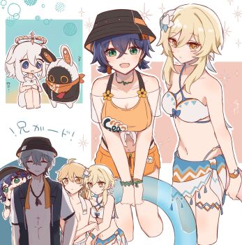 2boys 3girls aether_(genshin_impact) aether_(hot_springs)_(genshin_impact) ahoge arm_hug bangboo_(zenless_zone_zero) belle_(summer_skies)_(zenless_zone_zero) belle_(zenless_zone_zero) bikini bikini_bottom_under_shorts bikini_top_under_shirt bikini_under_clothes black_hat blonde_hair blue_hair breasts brother_and_sister cleavage closed_eyes closed_mouth commentary_request criss-cross_halter cropped_legs dress_swimsuit flower genshin_impact green_eyes grey_hair hair_between_eyes hair_flower hair_ornament halo halterneck hat highres holding holding_swim_ring innertube jewelry koshou_(pixiv_29311759) leaning_forward light_frown looking_at_another lumine_(genshin_impact) lumine_(hot_springs)_(genshin_impact) mechanical_halo medium_breasts mihoyo multiple_boys multiple_girls multiple_views navel necklace off-shoulder_shirt off_shoulder official_alternate_costume open_mouth orange_bikini orange_shorts paimon_(genshin_impact) paimon_(hot_springs)_(genshin_impact) see-through_clothes see-through_shirt shirt short_hair short_hair_with_long_locks shorts siblings side-tie_skirt simple_background swim_ring swimsuit tongue tongue_out towel towel_around_neck trait_connection twins two_side_up white_bikini white_hair wise_(peaceful_waves)_(zenless_zone_zero) wise_(zenless_zone_zero) yellow_eyes zenless_zone_zero