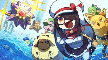 1girl bag black_hair black_skirt bow bowtie breasts brown_eyes center_frills character_request commentary_request elbow_gloves frills gen_1_pokemon gen_4_pokemon glasses gloves hair_over_one_eye handbag highres indie_virtual_youtuber itou_life_(vtuber) long_hair motion_lines nintendo open_mouth pokemon pokemon_(creature) pool pool_ladder red_bow red_bowtie skirt starmie staryu thighhighs turtwig virtual_youtuber water white_gloves white_thighhighs wrbs