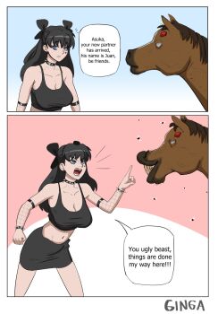 1boy 1girl alternate_hair_color angry animal_penis black_bow black_hair blue_eyes bow bracelet breasts choker cleavage clothes earrings english_text gingaginga hair_bow hair_ornament highres horse_penis jewelry large_breasts long_hair midriff multiple_views navel neon_genesis_evangelion open_mouth penis sequential skirt souryuu_asuka_langley speech_bubble spiked_bracelet spiked_choker spikes stud_earrings tank_top teeth twintails