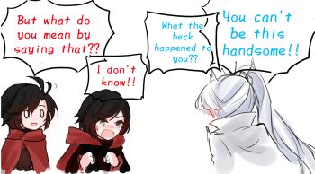 3girls black_dress blank_eyes blush cape dress english_text gradient_hair grey_eyes highres multicolored_hair multiple_girls open_mouth ponytail red_cape red_dress ruby_rose rwby speech_bubble sweatdrop tiara user_dcns4438 weiss_schnee white_dress white_hair